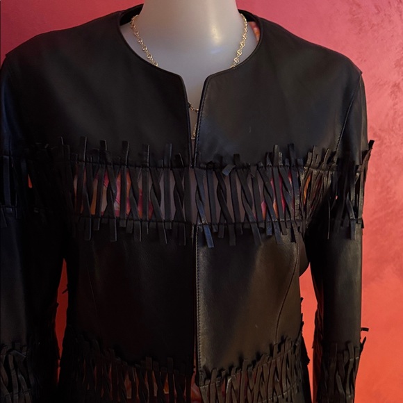 Lafayette 148 New York Black Leather Fringe Jacket - Picture 3 of 8